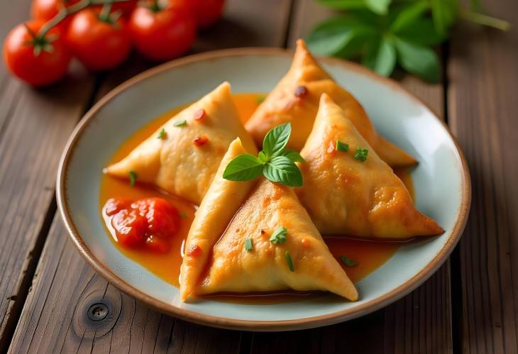 Flavorful Samosas with Sauce and Fresh Tomatoes